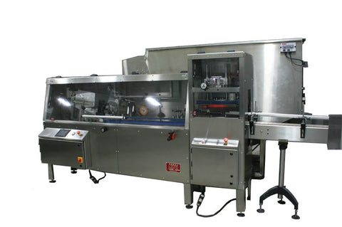 Automatic bottle unscrambler with Independent 100 cubic foot hopper and secondary orientation, model TruSort-SO, by Acasi Machinery Inc., front and right view