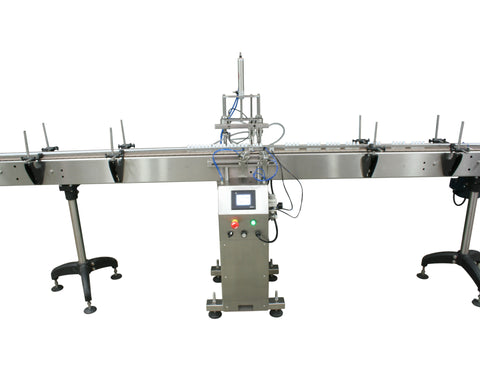 Automatic inline 4 miniature pistons filler machine, gating cylinders to automatically control handling of the bottles, high viscocity liquid products, model Minipiston, by Acasi Machinery Inc., front view.