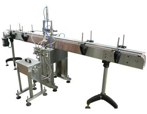Automatic inline 4 miniature pistons filler machine, gating cylinders to automatically control handling of the bottles, high viscocity liquid products, model Minipiston, by Acasi Machinery Inc., right and rear view.