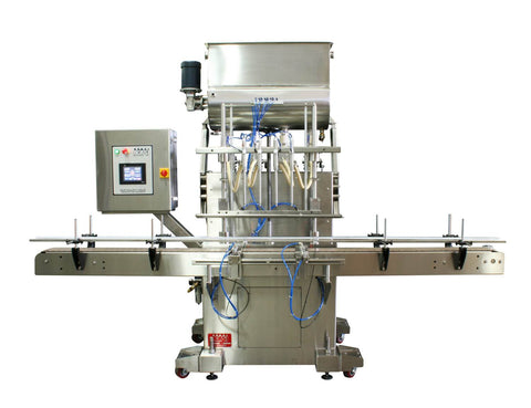 Automatic inline 4 pistons filler machine high-precision, electrically-driven ball screw movement, high viscocity liquid products, model Trupiston, by Acasi Machinery Inc, front view