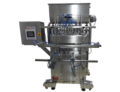 Automatic inline 6 pistons filler machine high-precision, electrically-driven ball screw movement, high viscocity liquid products, model Trupiston, by Acasi Machinery Inc, front view