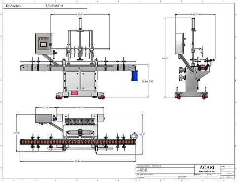 Automatic inline 8 gear pumps filler machine, individual filling volume and speed adjusment for each pump, high viscocity liquid products, model TruPump dimensions, by Acasi Machinery Inc.