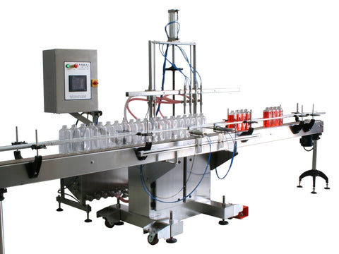 Automatic inline 8 gear pumps filler machine, individual filling volume and speed adjusment for each pump, high viscocity liquid products, model Trupump, by Acasi Machinery Inc., front and left view 