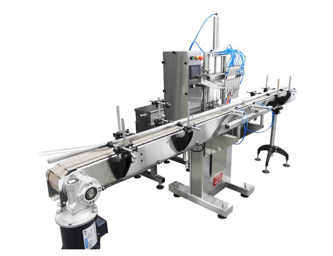 Automatic inline 8 miniature pistons filler machine, gating cylinders to automatically control handling of the bottles, high viscocity liquid products, model Minipiston, by Acasi Machinery Inc., left and front view.