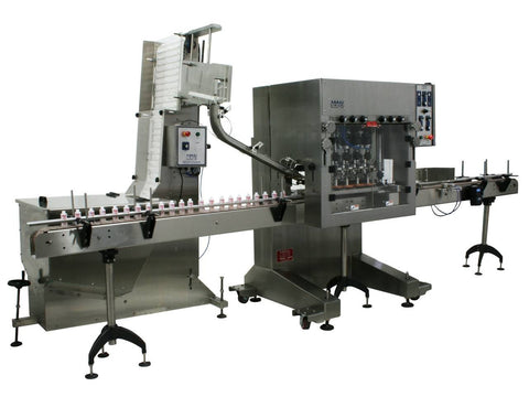 Automatic inline bottle cap tightener machine with cap sorter and feeder type waterfall, model CAI-X-WFall, by Acasi Machinery Inc., left and front view