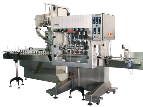 Automatic inline bottle cap tightener machine with cap sorter and feeder type waterfall, model CAI-X-WFall, by Acasi Machinery Inc., right and front view