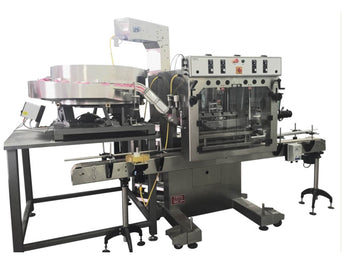 Automatic inline bottle capping machine with vibratory cap feeder, model - Trucap-X-Vib, by Acasi Machinery Inc., left and front view