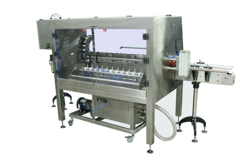 Automatic inline bottle cleaner with dry or wet cleaning options, model BR-15, by Acasi Machinery Inc., rear and right view
