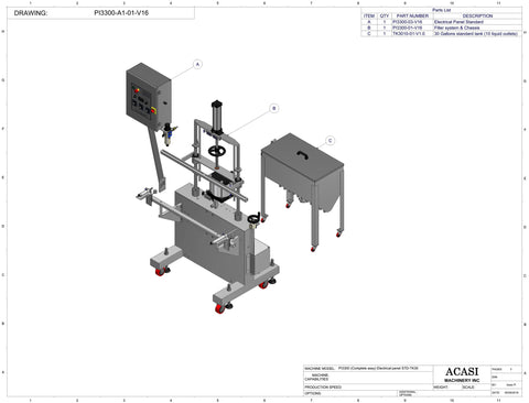 Automatic inline piston filler machine, high viscosity liquid products, Assy PI3300-01-01-V16, by Acasi Machinery Inc.