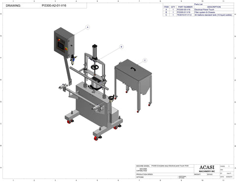 Automatic inline piston filler machine, high viscosity liquid products, Assy PI3300-A2-01-V16, by Acasi Machinery Inc.