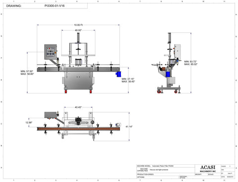 Automatic inline piston filler machine, high viscosity liquid products, Model PI3300 dimensions, by Acasi Machinery Inc.