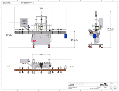Automatic inline piston filler machine, high viscosity liquid products, Model PI3100 dimensions, by Acasi Machinery Inc.