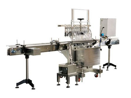 Automatic inline pressure overflow bottle filler machine, low viscosity, model GI3300, by Acasi Machinery Inc., rear and left view
