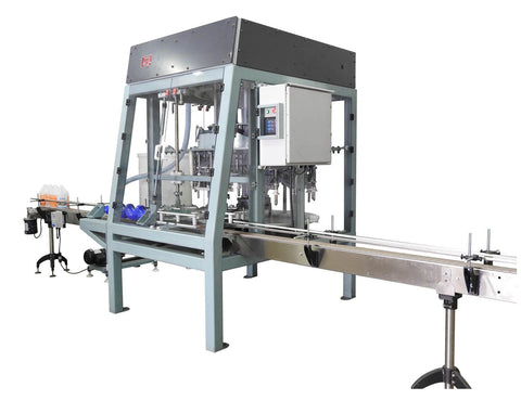 Automatic pressure overflow rotary filler  machine, model RF-48-18-BL, by Acasi Machinery Inc., front and right view
