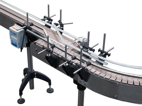 Automatic variable speed power curve and custom bottle Conveyor, by Acasi Machinery Inc., detail connection view