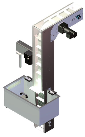 Variable speed floor level cap elevator, model CF1100, by Acasi Machinery Inc., front and right view