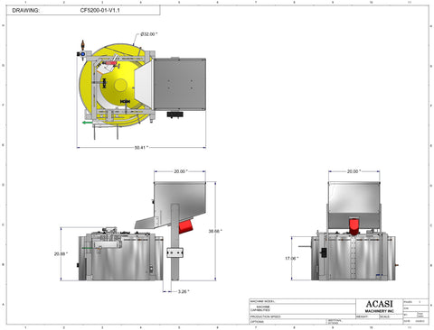 Centrifugal cap feeder sorter, model CF 5200 dimensions, by Acasi Machinery Inc.