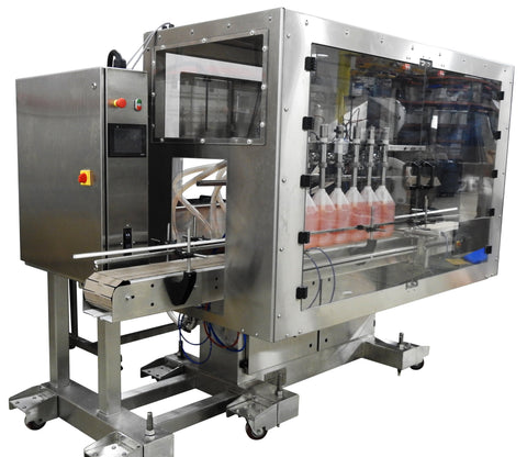 Automatic inline 8 gear pumps filler machine, individual filling volume and speed adjusment for each pump, high viscocity liquid products, model Trupump, by Acasi Machinery Inc., front view.
