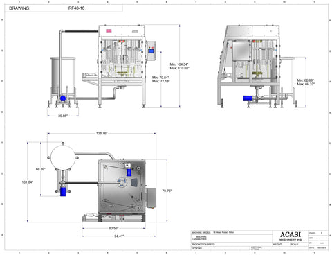 Rotary Pressure Overflow Filler Drawings, Model RF48-18 dimensions, by Acasi Machinery Inc.