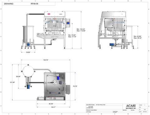 Rotary Pressure Overflow Filler Drawings, Model RF48-36 dimensions, by Acasi Machinery Inc.