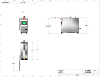 Semi-Auomatic Pump Filler, model PU1000 dimensions, by Acasi Machinery Inc.