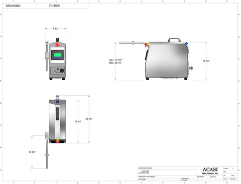 Semi-Auomatic Pump Filler, model PU1000 dimensions, by Acasi Machinery Inc.