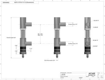Semi-automatic inline pressure overflow bottle filler machine, low viscosity, 0.375 in nozzle dimensions, by Acasi Machinery Inc.