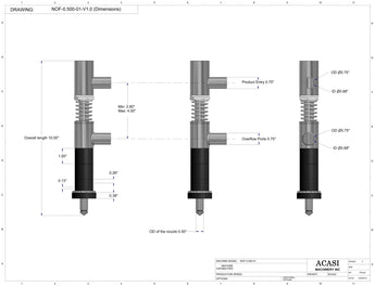 Semi-automatic inline pressure overflow bottle filler machine, low viscosity, 0.500 in nozzle dimensions, by Acasi Machinery Inc.