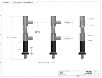 Semi-automatic inline pressure overflow bottle filler machine, low viscosity, 0.625 in nozzle dimensions, by Acasi Machinery Inc.