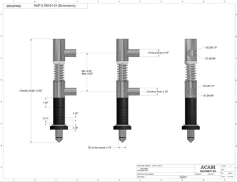 Semi-automatic inline pressure overflow bottle filler machine, low viscosity, 0.750 in nozzle dimensions, by Acasi Machinery Inc.