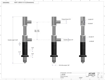 Semi-automatic inline pressure overflow bottle filler machine, low viscosity, 1.000 in nozzle dimensions, by Acasi Machinery Inc.