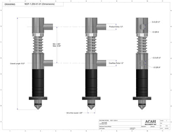 Semi-automatic inline pressure overflow bottle filler machine, low viscosity, 1.250 in nozzle dimensions, by Acasi Machinery Inc.