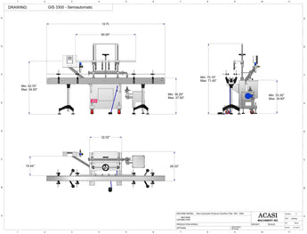 Semi-automatic inline pressure overflow filler machine, low viscosity, model GIS 3300 dimensions, by Acasi Machinery Inc.