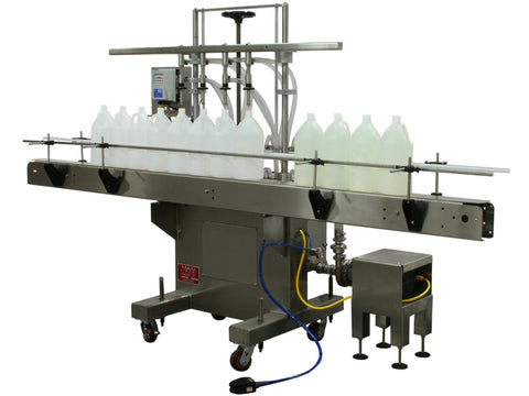 Semi-automatic inline pressure overflow filler machine, model GIS 3300, by Acasi Machinery Inc., front and right view