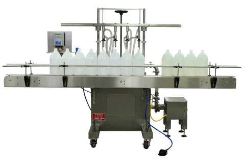 Semi-automatic inline pressure overflow filler machine, model GIS 3300, by Acasi Machinery Inc., front view.