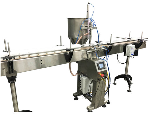 Semi automatic 1 gear pump filler machine, individual filling volume and speed adjusment, high viscocity liquid products, model TruPump 1S, by Acasi Machinery Inc., left and front view