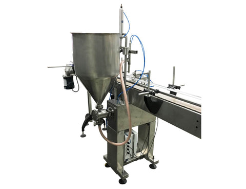 Semi automatic 1 gear pump filler machine, individual filling volume and speed adjusment, high viscocity liquid products, model TruPump 1S, by Acasi Machinery Inc., right and rear view