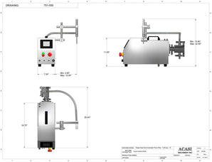 Semi automatic 1 gear pump filler machine, individual filling volume and speed adjusment, high viscocity liquid products, model TruPump 1S dimensions, by Acasi Machinery Inc.