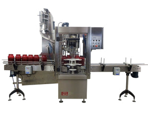 Single head chuck capper machine with waterfall type cap feeder, model PC1-JAW-Wfall, by Acasi Machinery Inc., front view