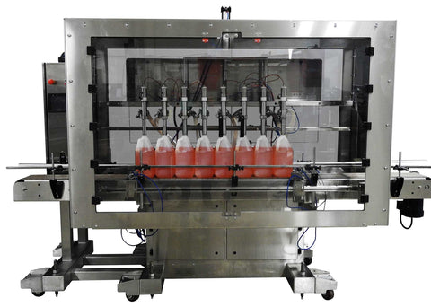 Automatic inline 8 gear pumps filler machine, individual filling volume and speed adjusment for each pump, high viscocity liquid products, model Trupump, by Acasi Machinery Inc., front view.