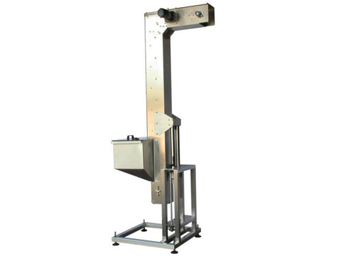 Variable speed floor level cap elevator, model 370-000, by Acasi Machinery Inc., left and front view.