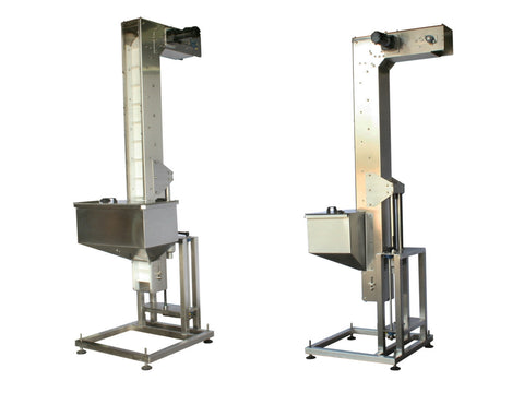 Variable speed floor level cap elevator, model 370-000, by Acasi Machinery Inc., left and rear view.