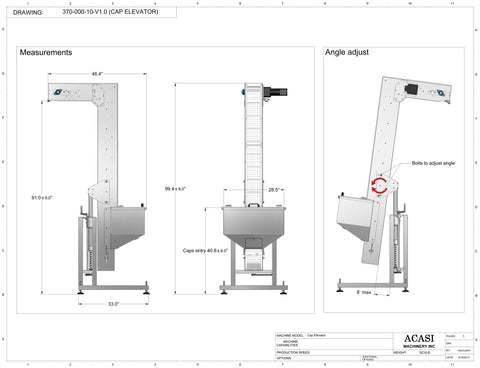 Variable speed floor level cap elevator, model J12 dimensions, by Acasi Machinery Inc.
