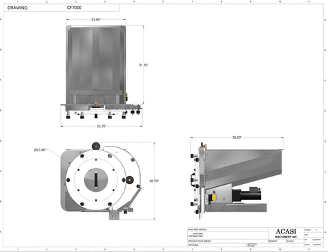 Vertical wheel cap feeder, model CF 7000 dimensions, by Acasi Machinery Inc.