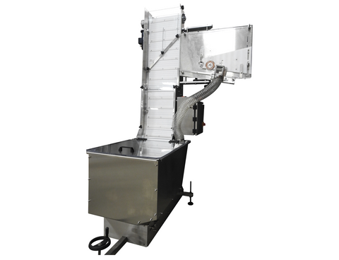 Waterfall cap feeder and sorter with reject option, model 800-000, by Acasi Machinery Inc. front and right view