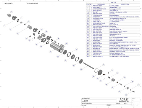 34 Oz Piston assembly for automatic inline piston filler machine, high viscosity liquid products, pistons, Assy PIS-1.020-05, by Acasi Machinery Inc.