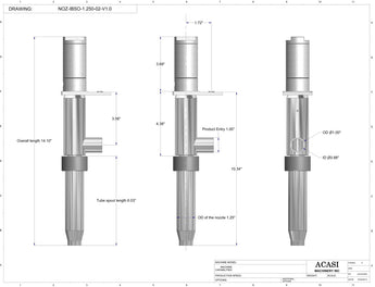 Automatic inline piston filler machine, high viscosity liquid products, 1.250 standard nozzle dimensions, by Acasi Machinery Inc.