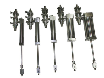 2.5, 5, 10, 20 and 34Oz Stainless steel Sanitary pistons, by Acasi Machinery Inc., Left view