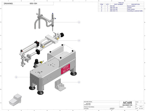 Automatic inline piston filler machine, Assy 650-1SH, by Acasi Machinery Inc.