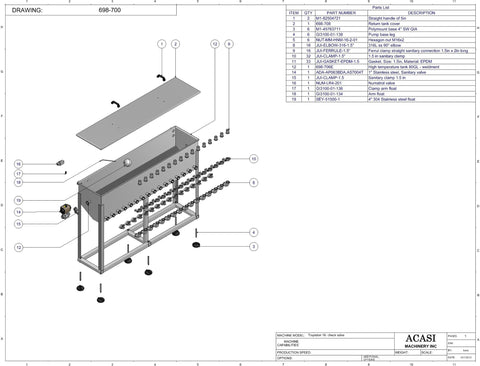 Automatic inline piston filler machine, Model Trupiston 12 Vert, Assy 682-000, by Acasi Machinery Inc.